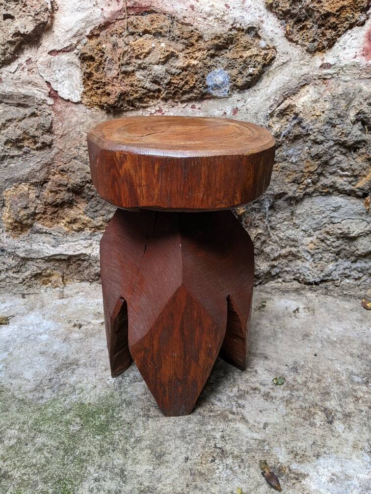 Vintage brutalist carved plant stand stool