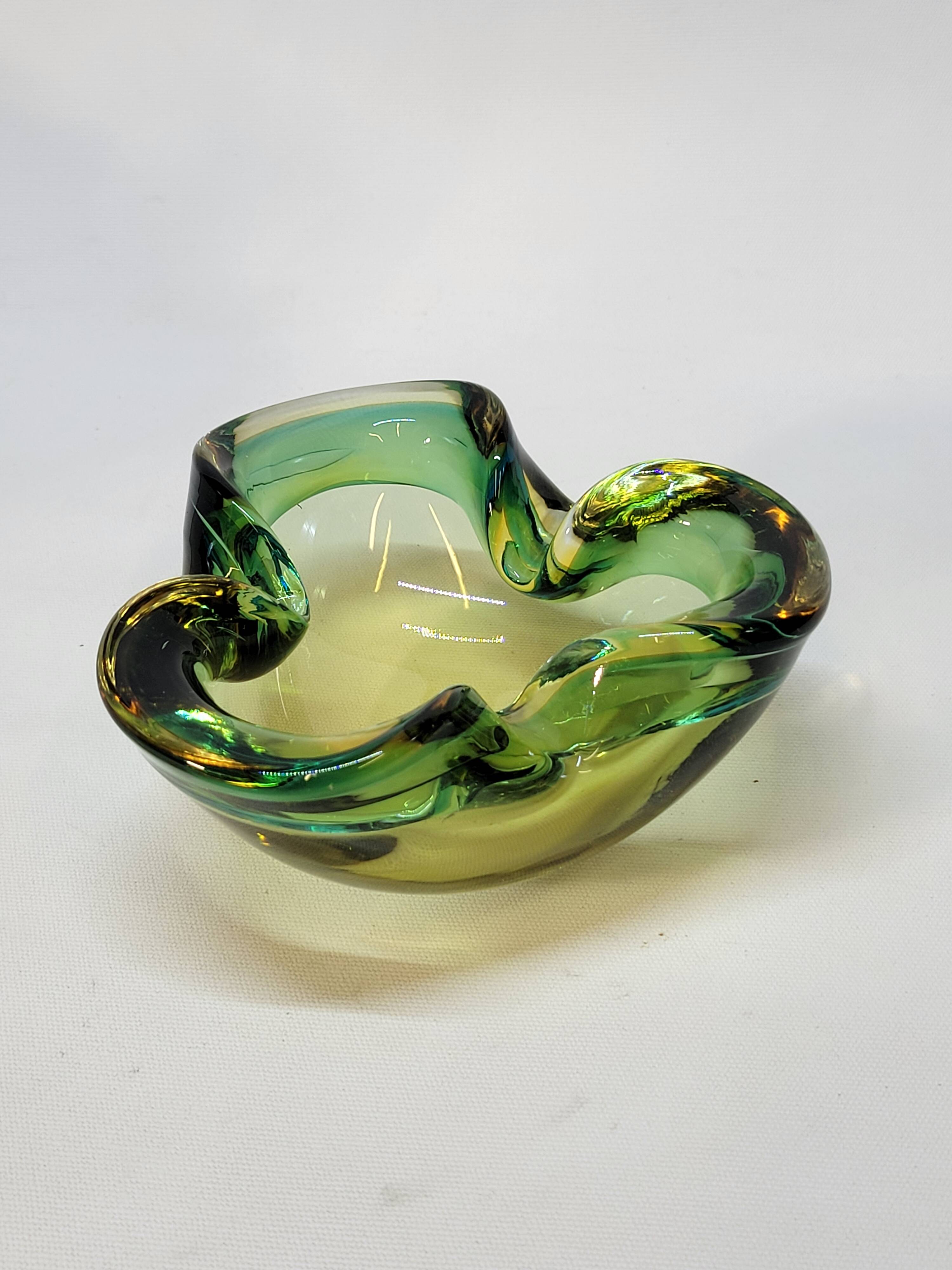 Empty Pocket Cup Ashtray Vintage Murano Glass Sommerso Green and Yellow
