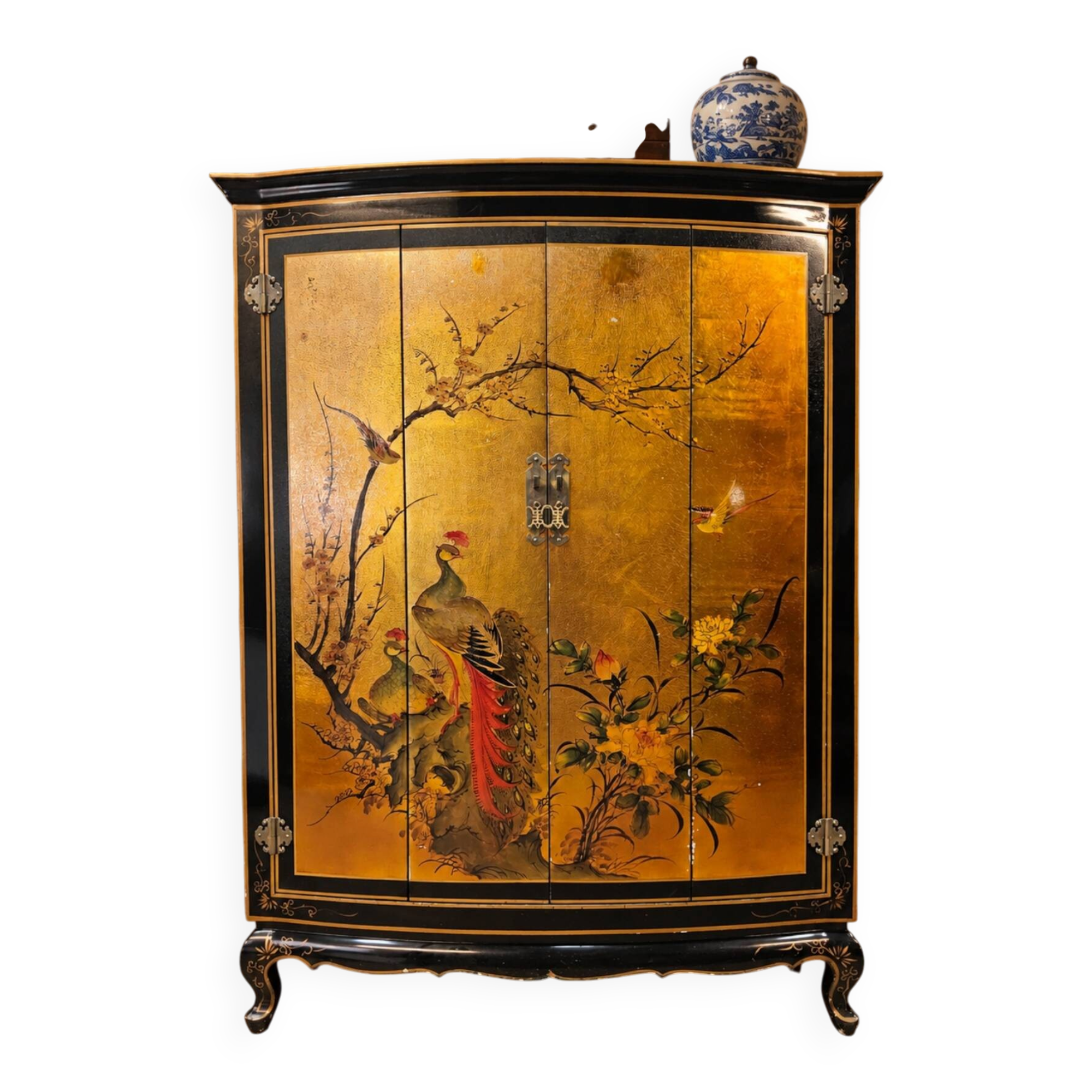 Vintage Chinese cabinet with gold leaf, flowers and peacock/ bohemian