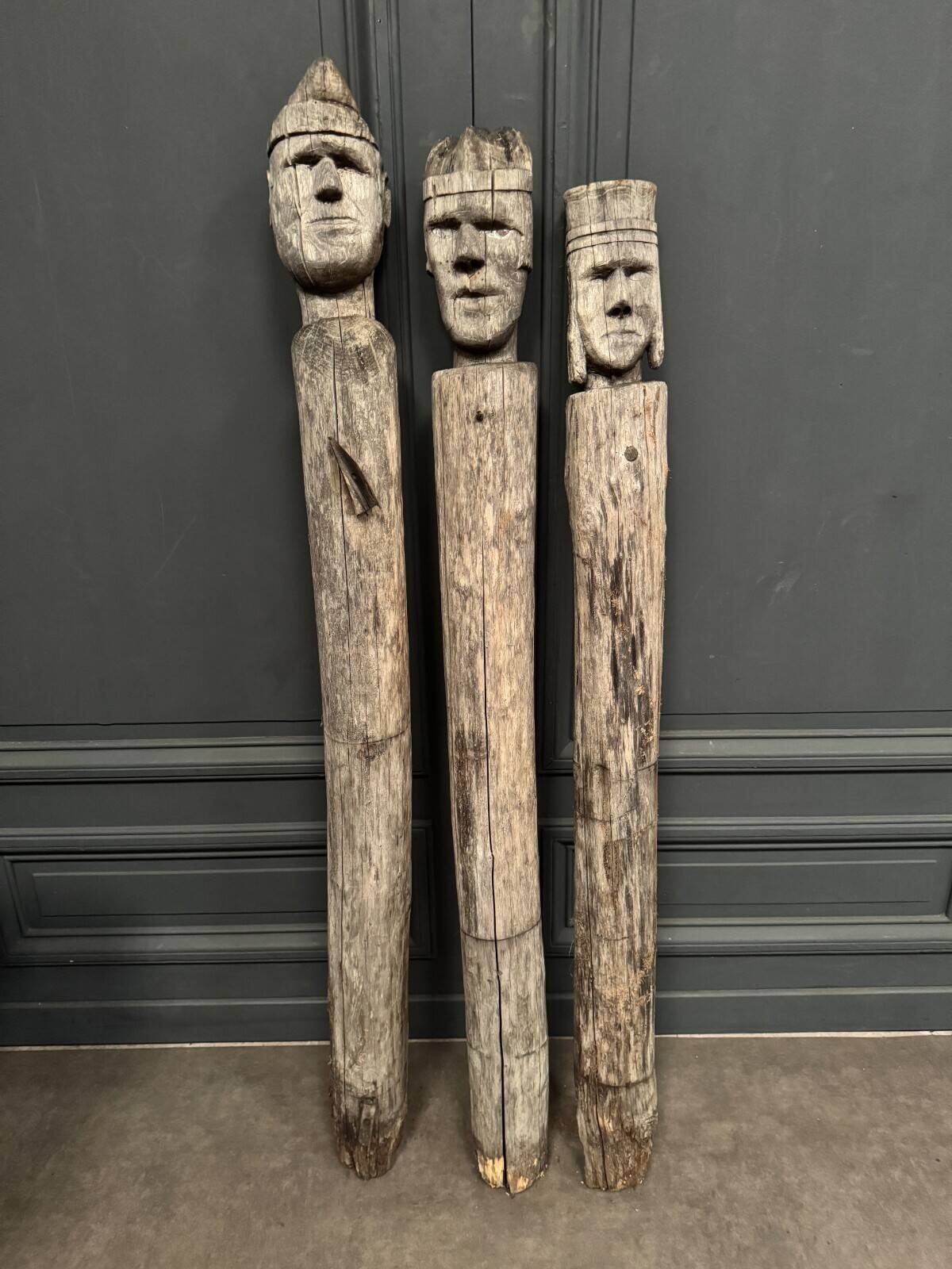 3 wooden folk art totems representing the three wise men, mid-20th century