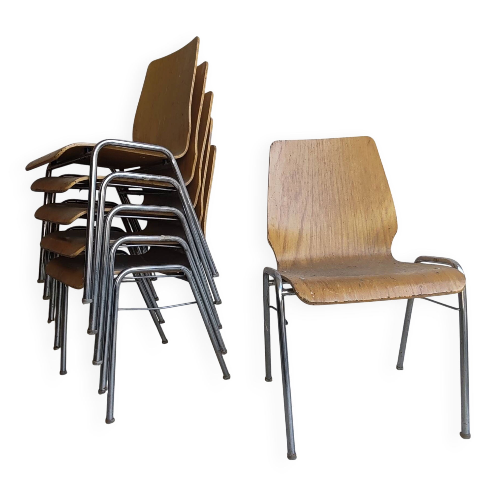 Set of 6 Vintage Bentwood Stacking Chairs Chrome Frame Mid Century
