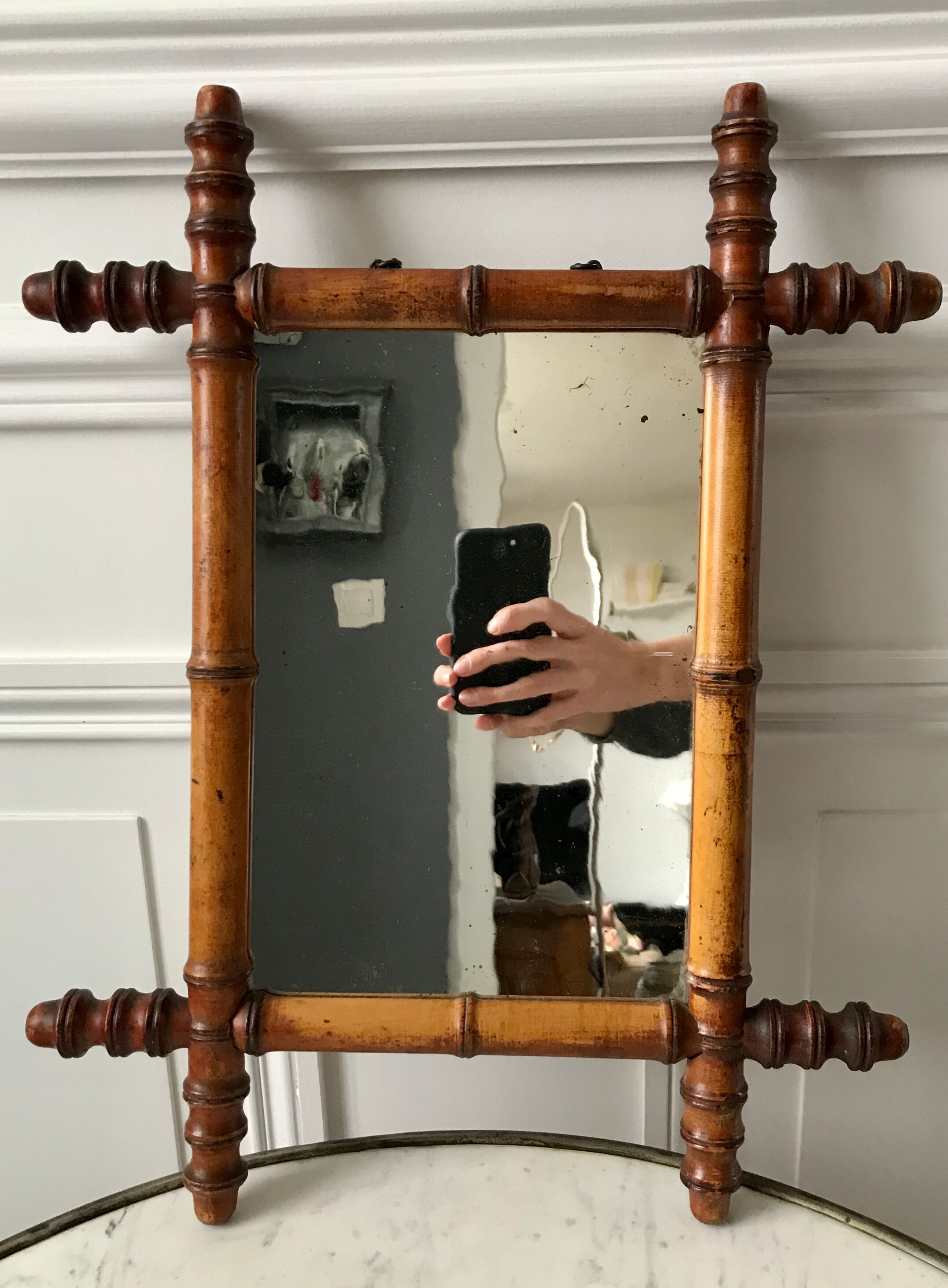 Old barber mirror in solid wood bamboo effect 30-40s