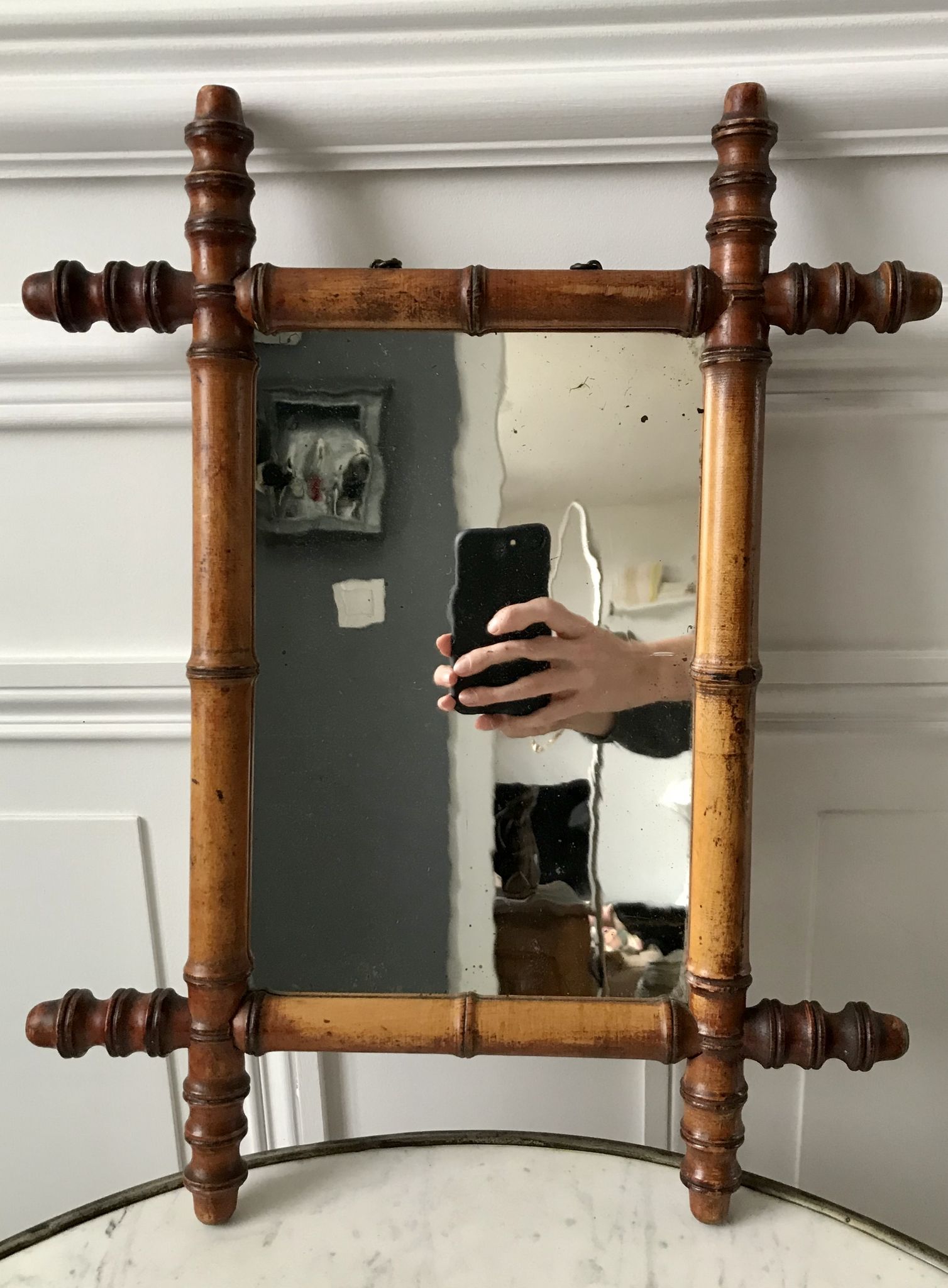 Old barber mirror in solid wood bamboo effect 30-40s