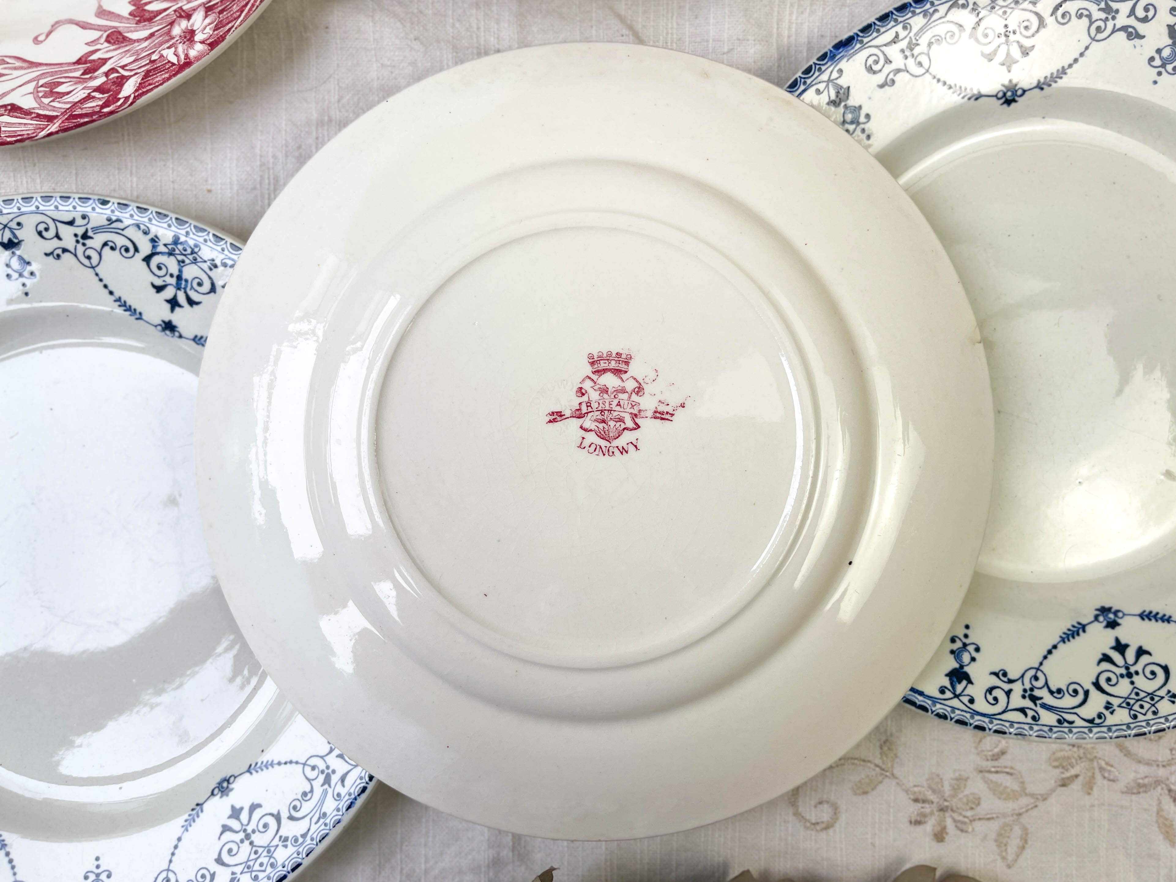 6 flat plates Terre de Fer blue red mismatched