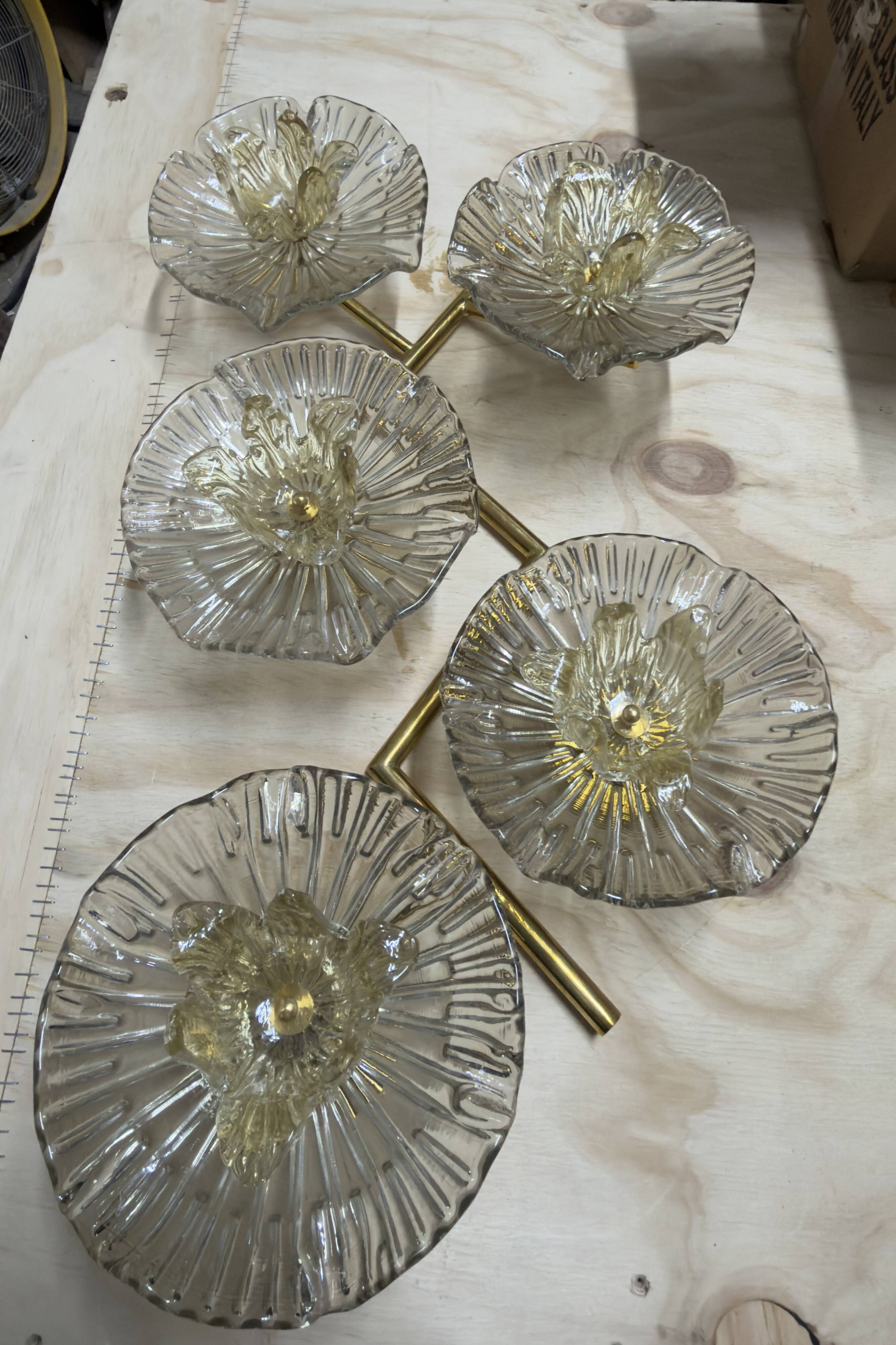 Pair of Modern Italian Murano Glass and Brass Flowers Wall Lamps