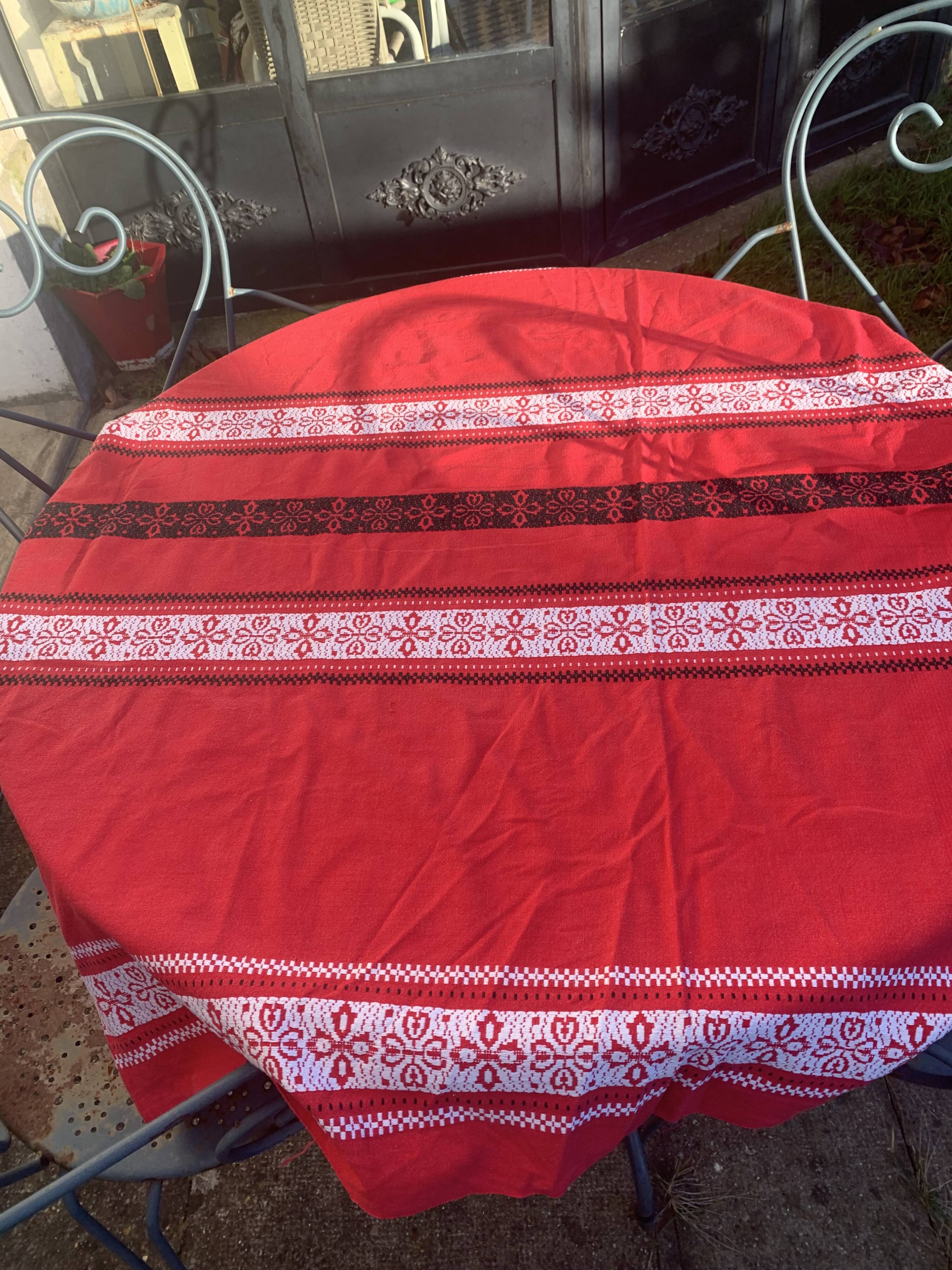 Rectangular tablecloth, Basque household linen in red cotton with black and white embroidery, vintage