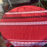Rectangular tablecloth, Basque household linen in red cotton with black and white embroidery, vintage
