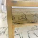 Vintage coffee table in gold-plated metal, brass-style, smoked glass, circa 1970