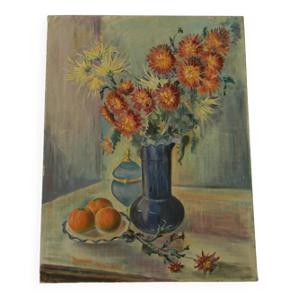 Oil on canvas still life. Bouquet of flowers. Unsigned.