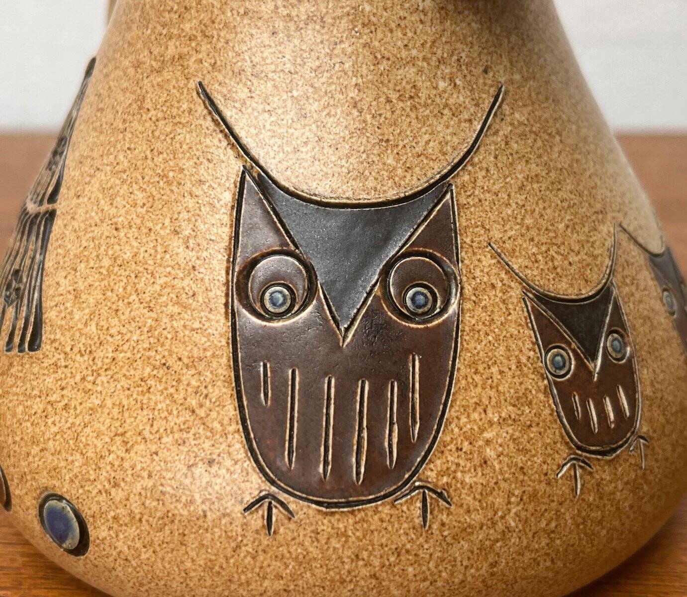 Mid-century German ceramic studio pitcher with owl motif by Heinz Theo Dietz, 1960s.
