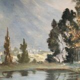 HST painting from the early 20th century "La Sorgue" (Aveyron) signed Chevalier + frame