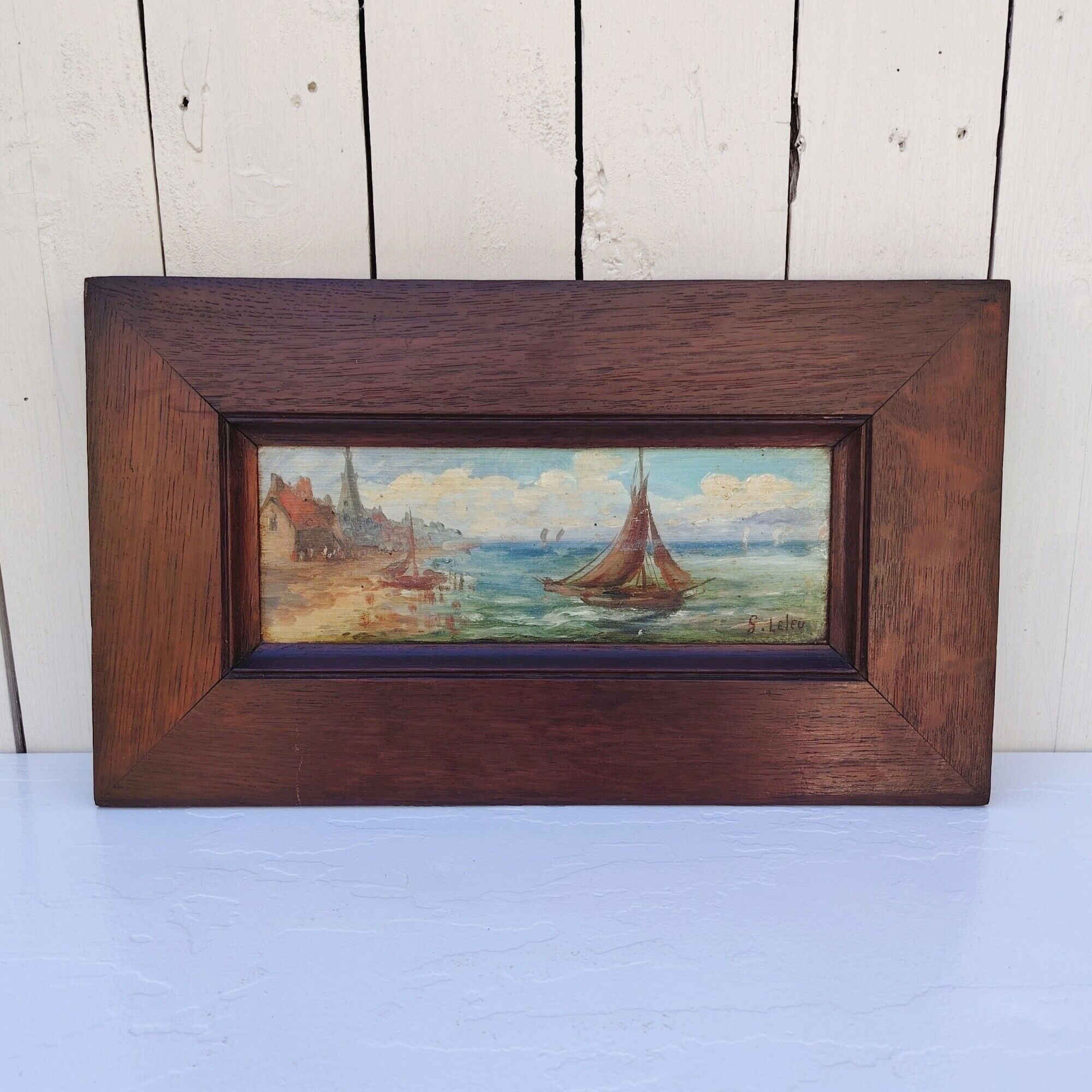 Gouache sur panneau, marine, voilier, S.Leleu