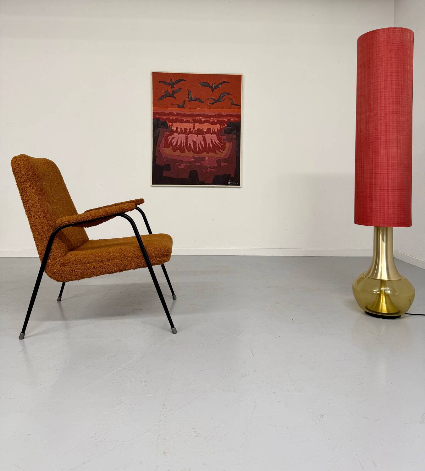 Vintage orange boucle armchair, French design from the 1950s.