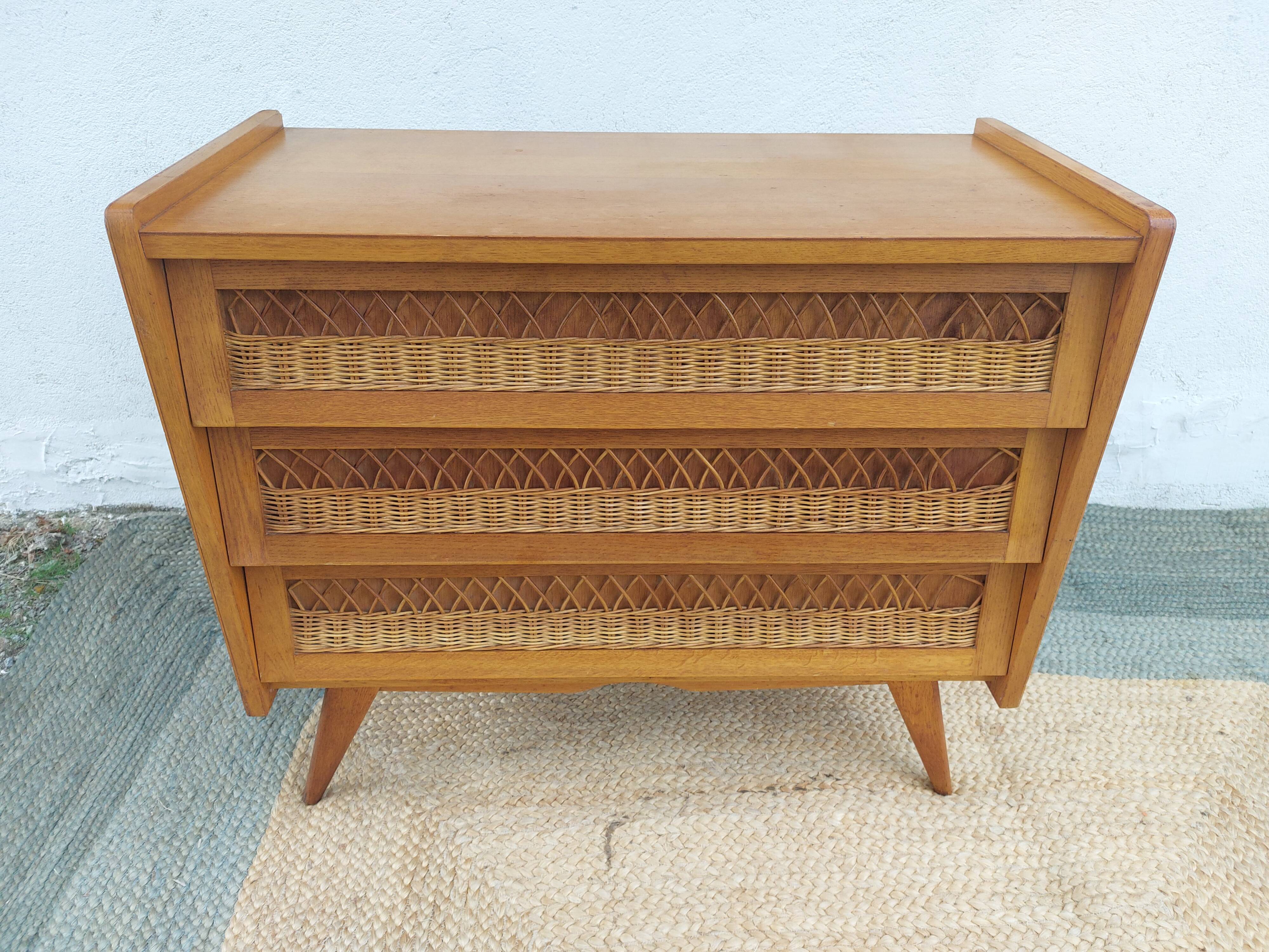 commode pieds compas, osier, vintage