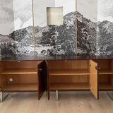 Scandinavian sideboard in rosewood, 5 doors. Chrome square tube base.