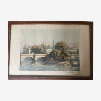 Tableau eau forte signature a l lacault représentation île de la cité pont neuf