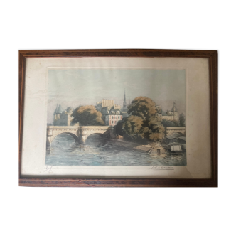 Tableau eau forte signature a l lacault représentation île de la cité pont neuf