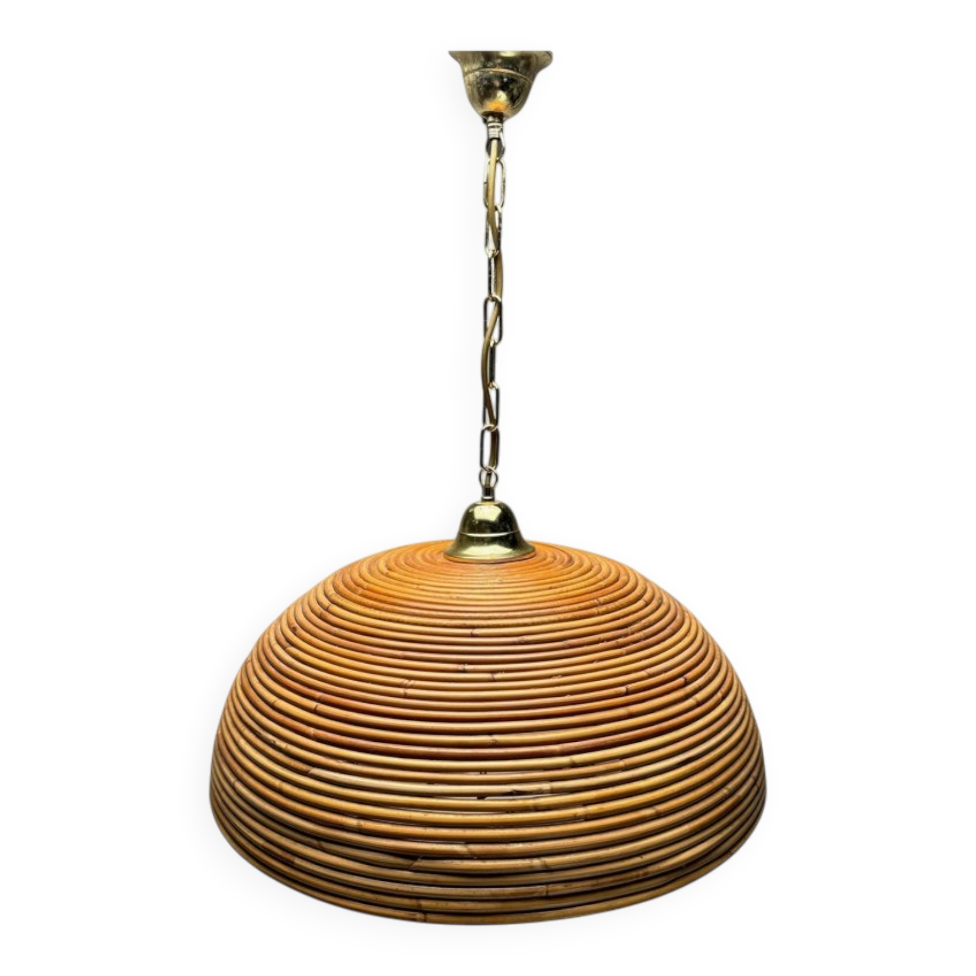 Suspension italienne en laiton doré et bambou tressé, années 1970