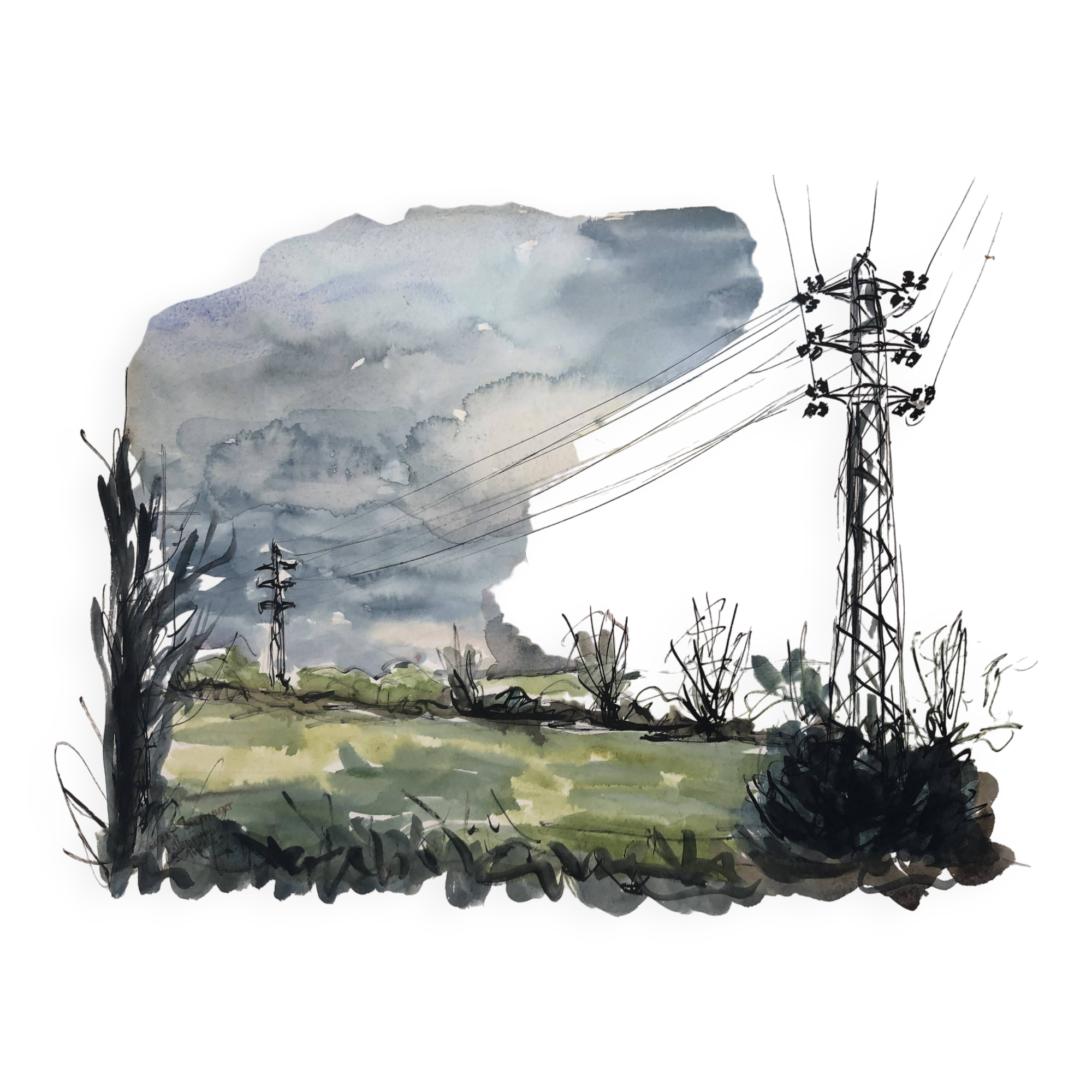 Watercolor & black ink landscape of villecresnes 94 val de marne, pylons, signed suzel calembert