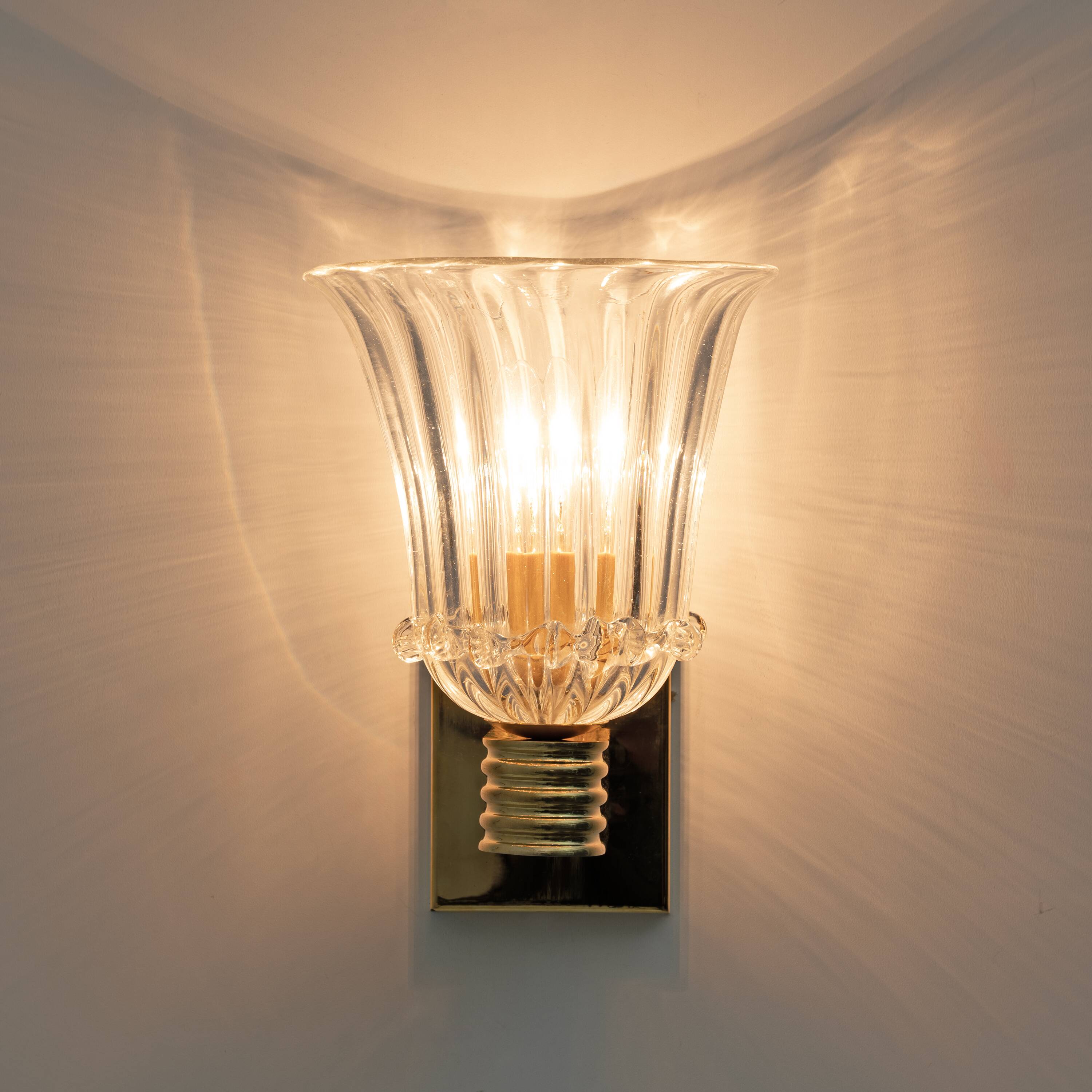 Attributed to Barovier & Toso Brass and Pulegoso Murano Glass Sconces, Pair