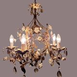 Lustre italien antique à 5 bras, roses en céramique et gouttes de cristal *ROMANCE*