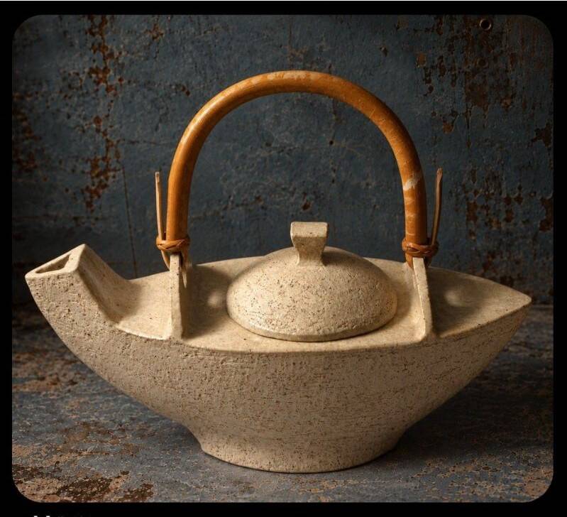 Unique Danish Studio Pottery – sculptural teapot with a bamboo handle;