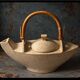 Unique Danish Studio Pottery – sculptural teapot with a bamboo handle;