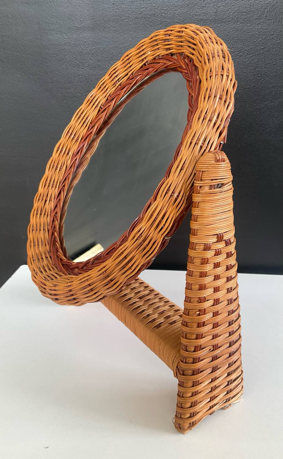 Vintage freestanding wicker dressing mirror