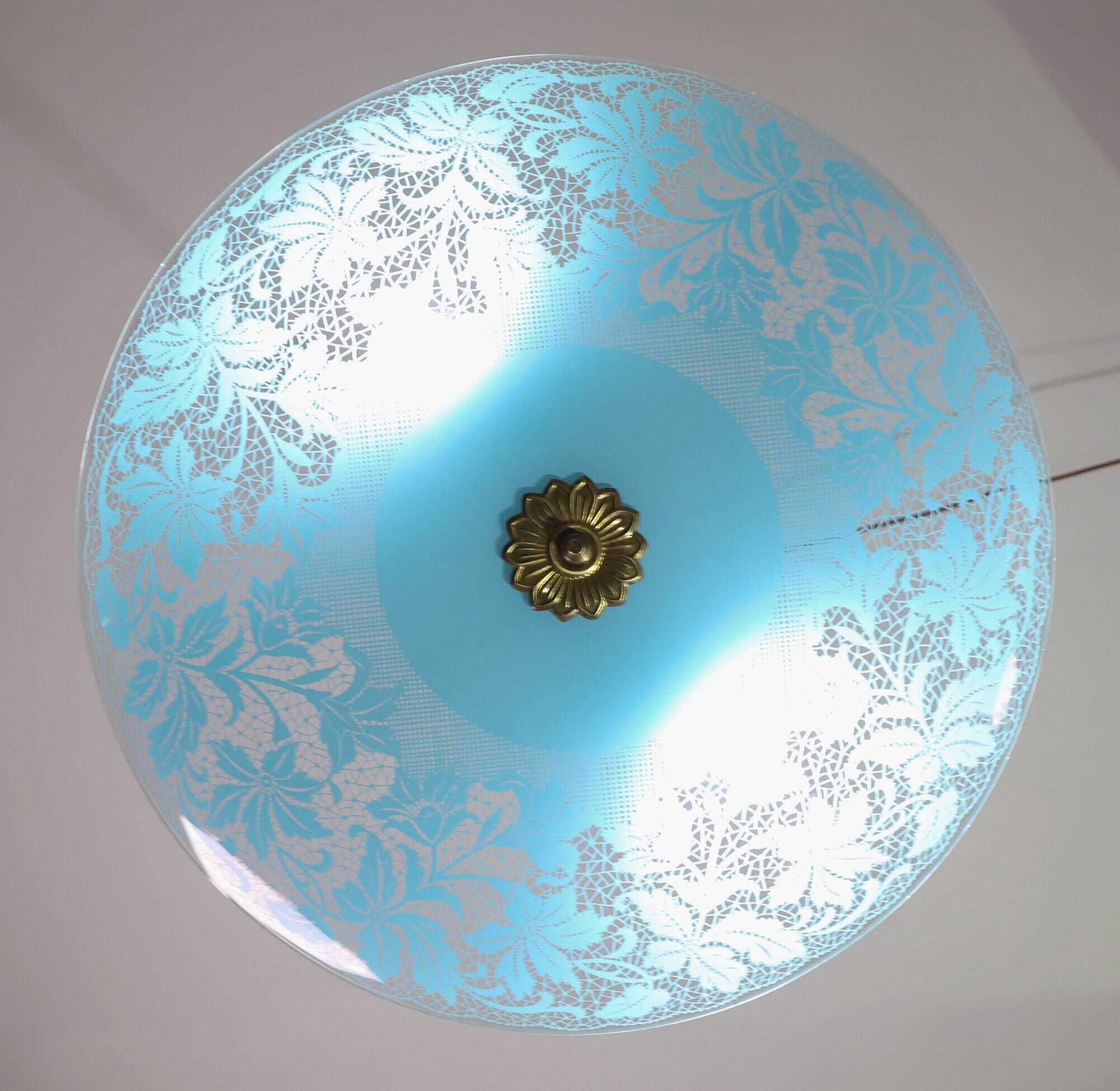 Italian Vintage Floral Glass and Brass Pendant Chandelier, Mid-Century, 2 L