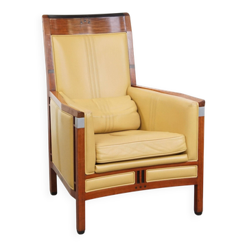 Fauteuil Art Déco en cuir jaune à dossier haut