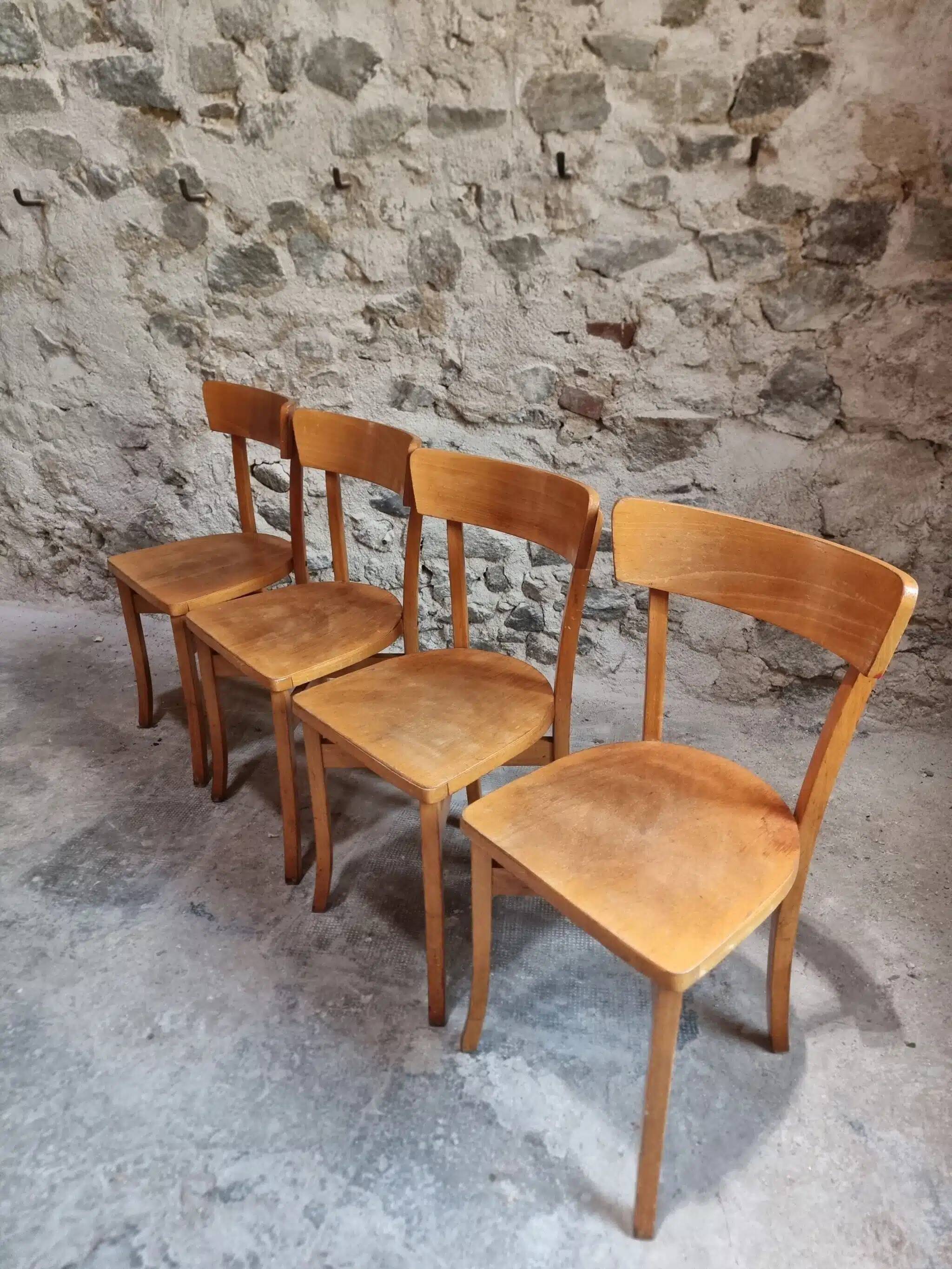 Set of 4 French bistro chairs, beech and plywood, 1960s, mid-century dining chairs.