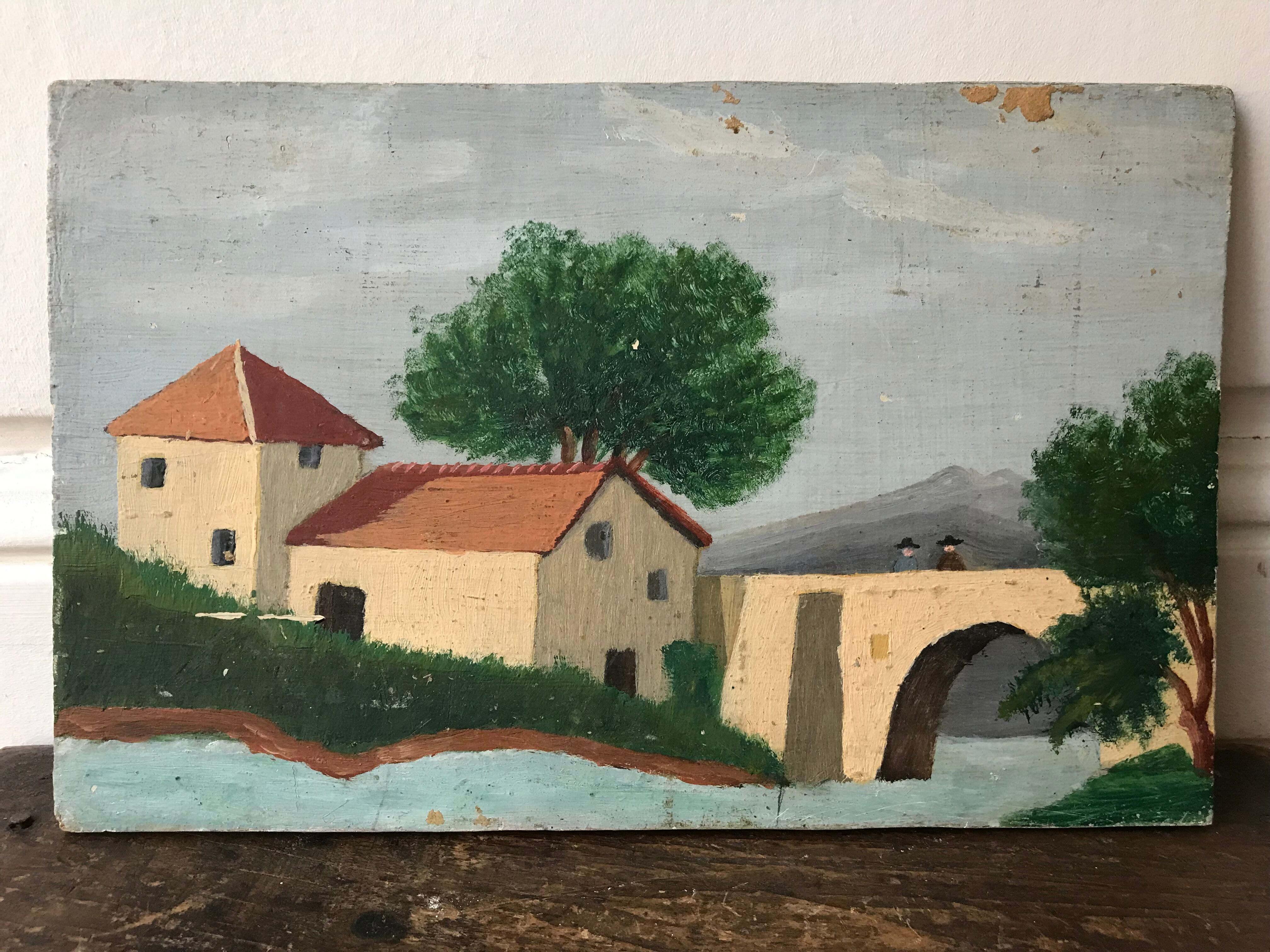 Painting oil old naïve landscape