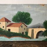 Peinture huile ancienne paysage naïf
