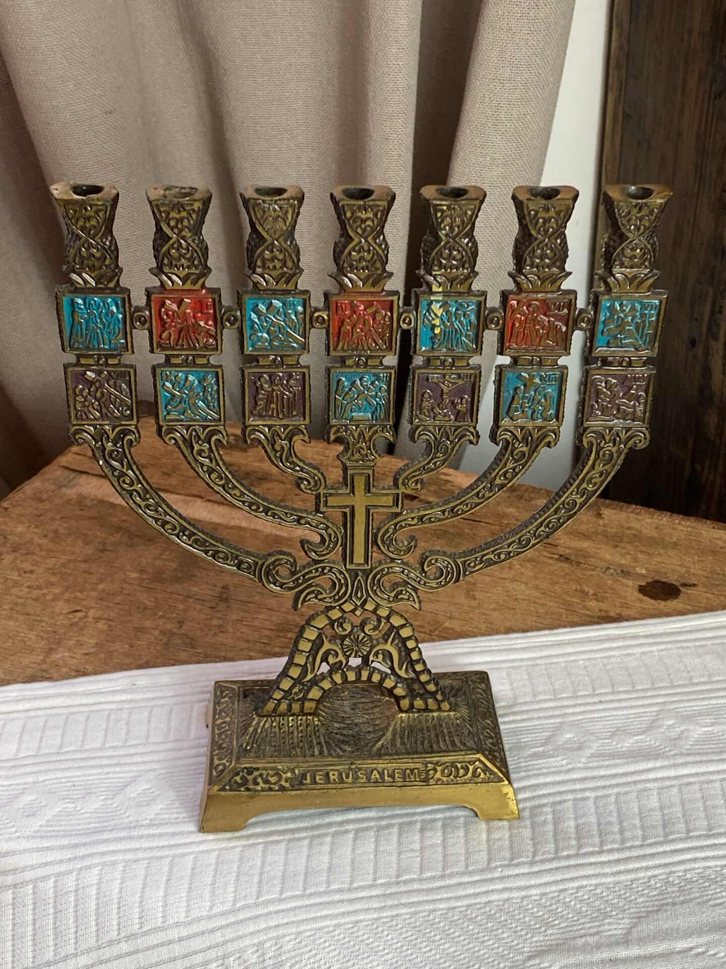 Seven-branched candelabrum, Judeo-Christian, brass and enamel