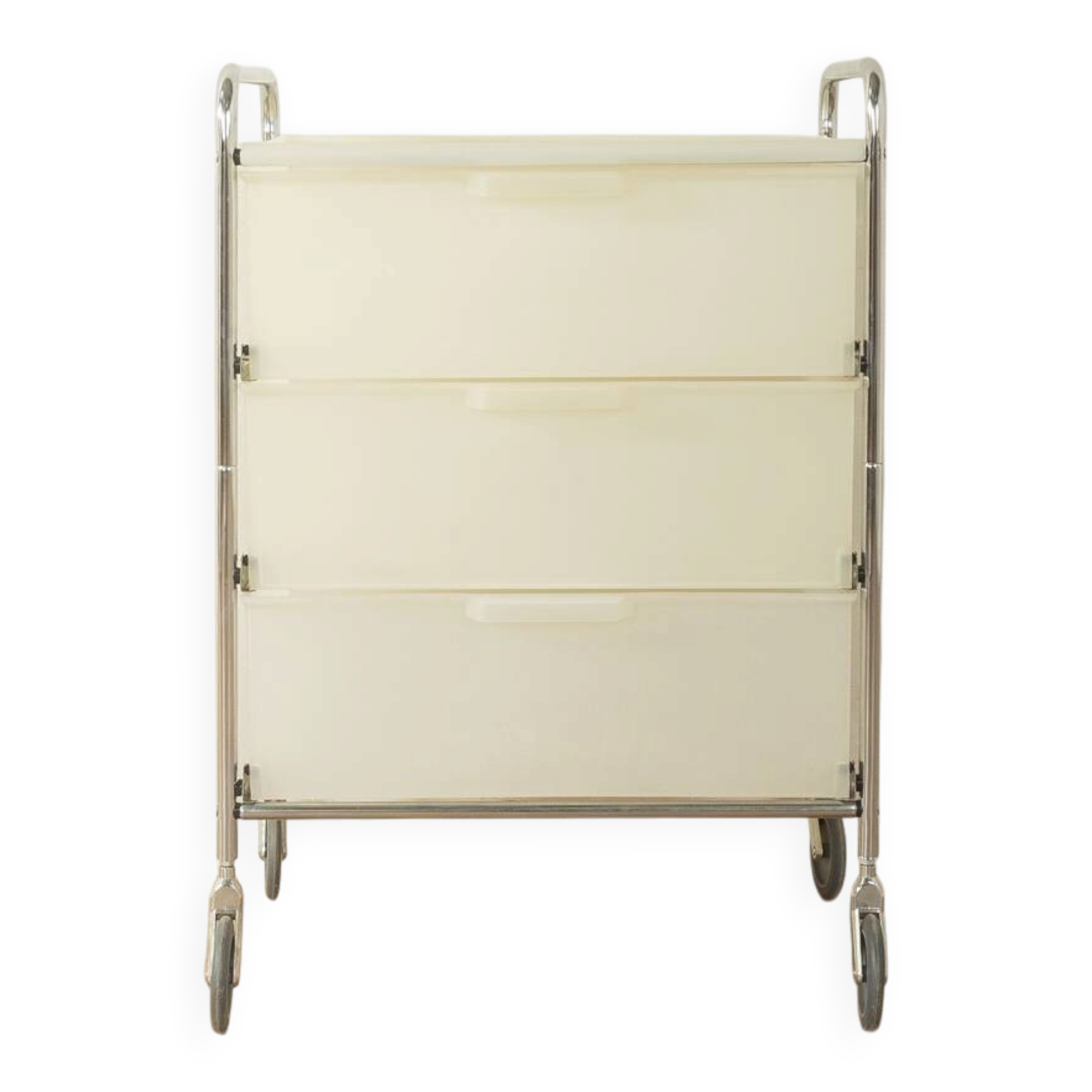 Functional rolling container with chrome frame and transparent drawers, 1980s