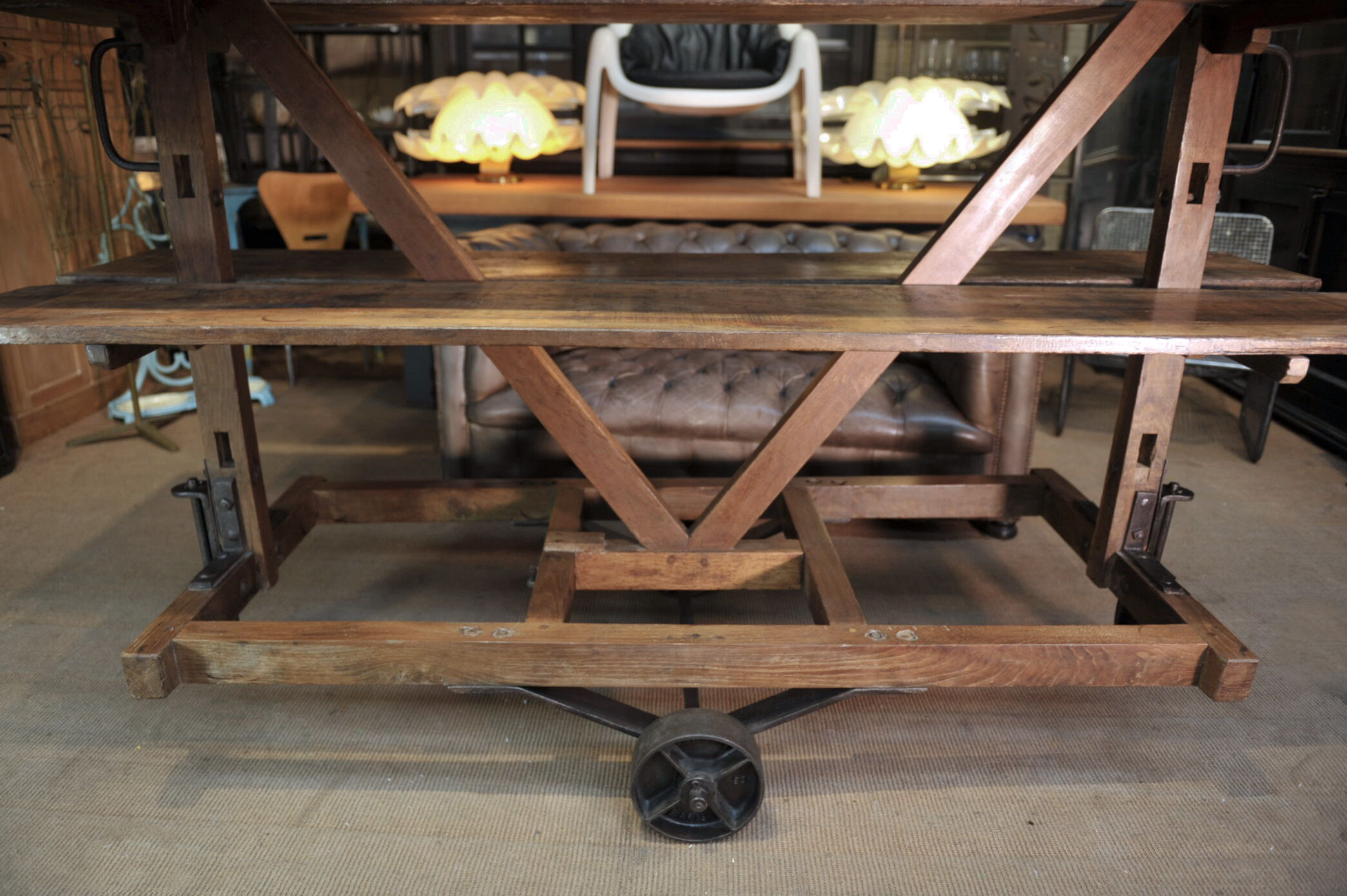 Former wooden factory shelf on metal wheels 1900