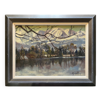 Painting HST Yvonne Blin ec. XX° "View of a mountain lake"