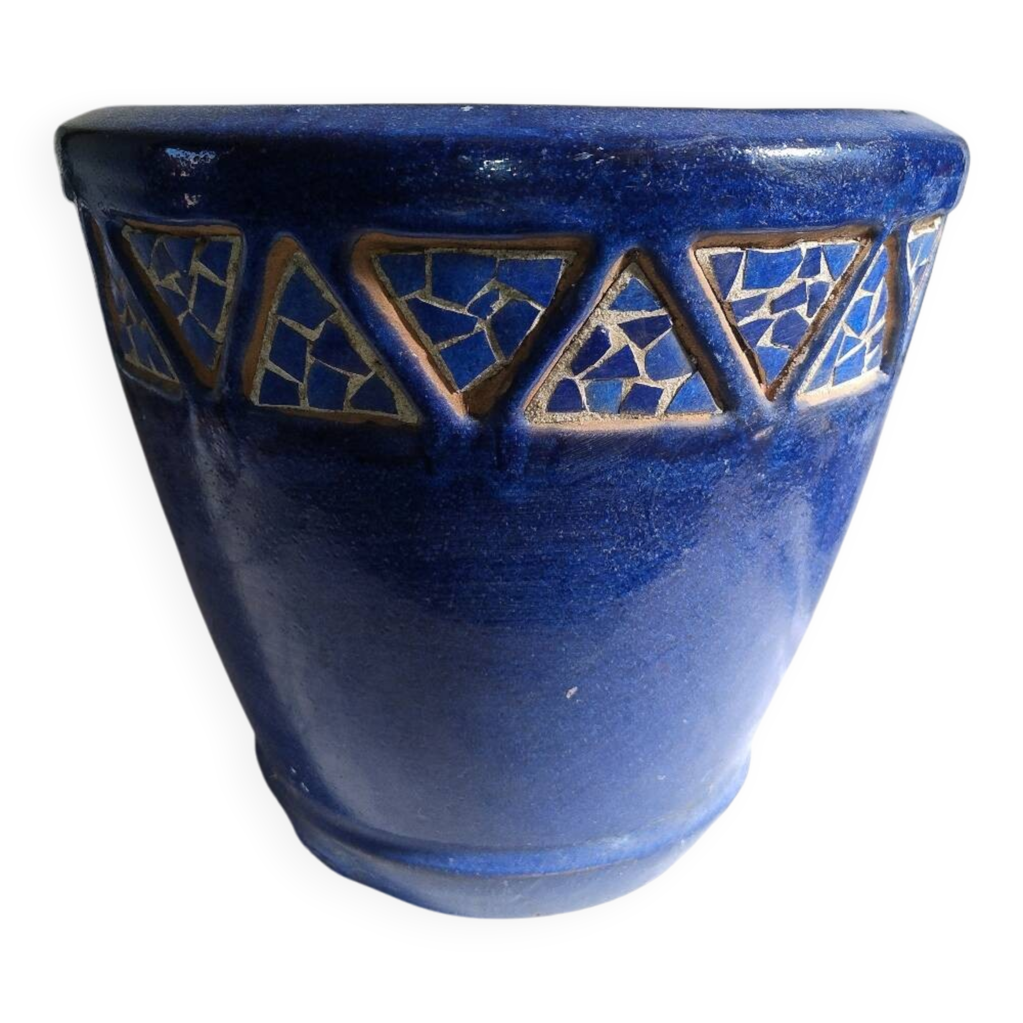 Blue ceramic planter with mosaic frieze