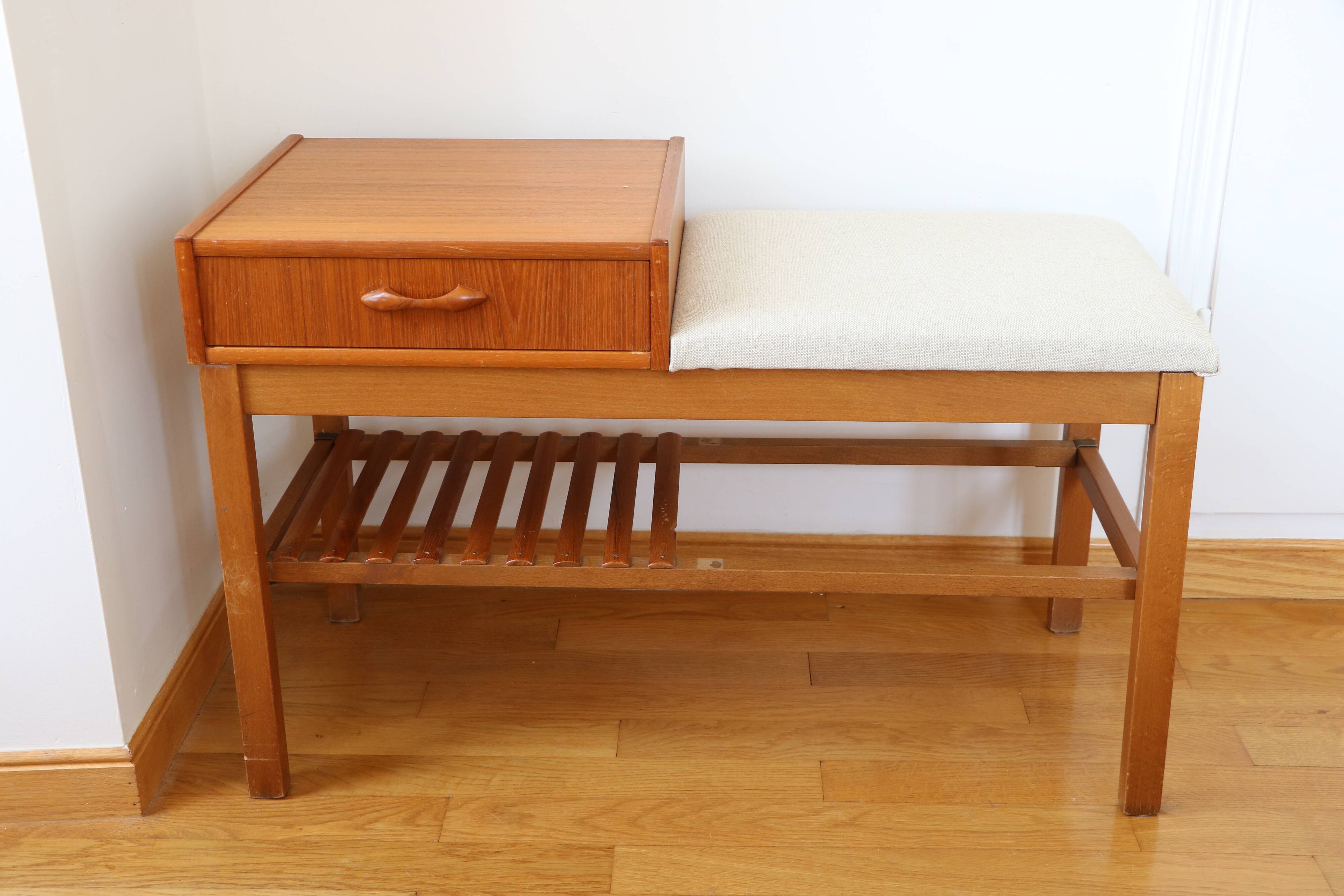 Entrance bench, Scandinavian modular telephone bench, teak, 1960
