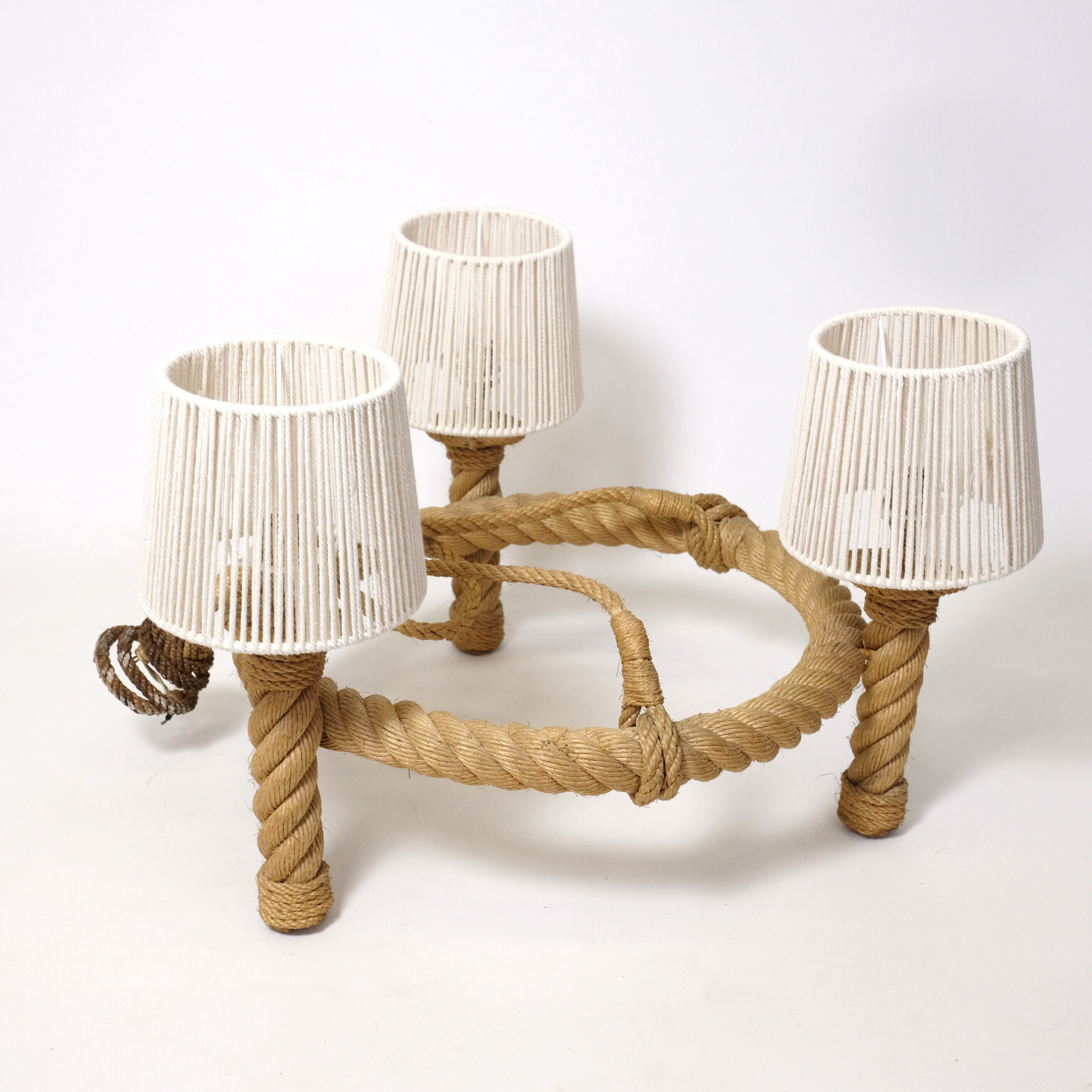 Three-light braided rope pendant light, 1950-1960.
