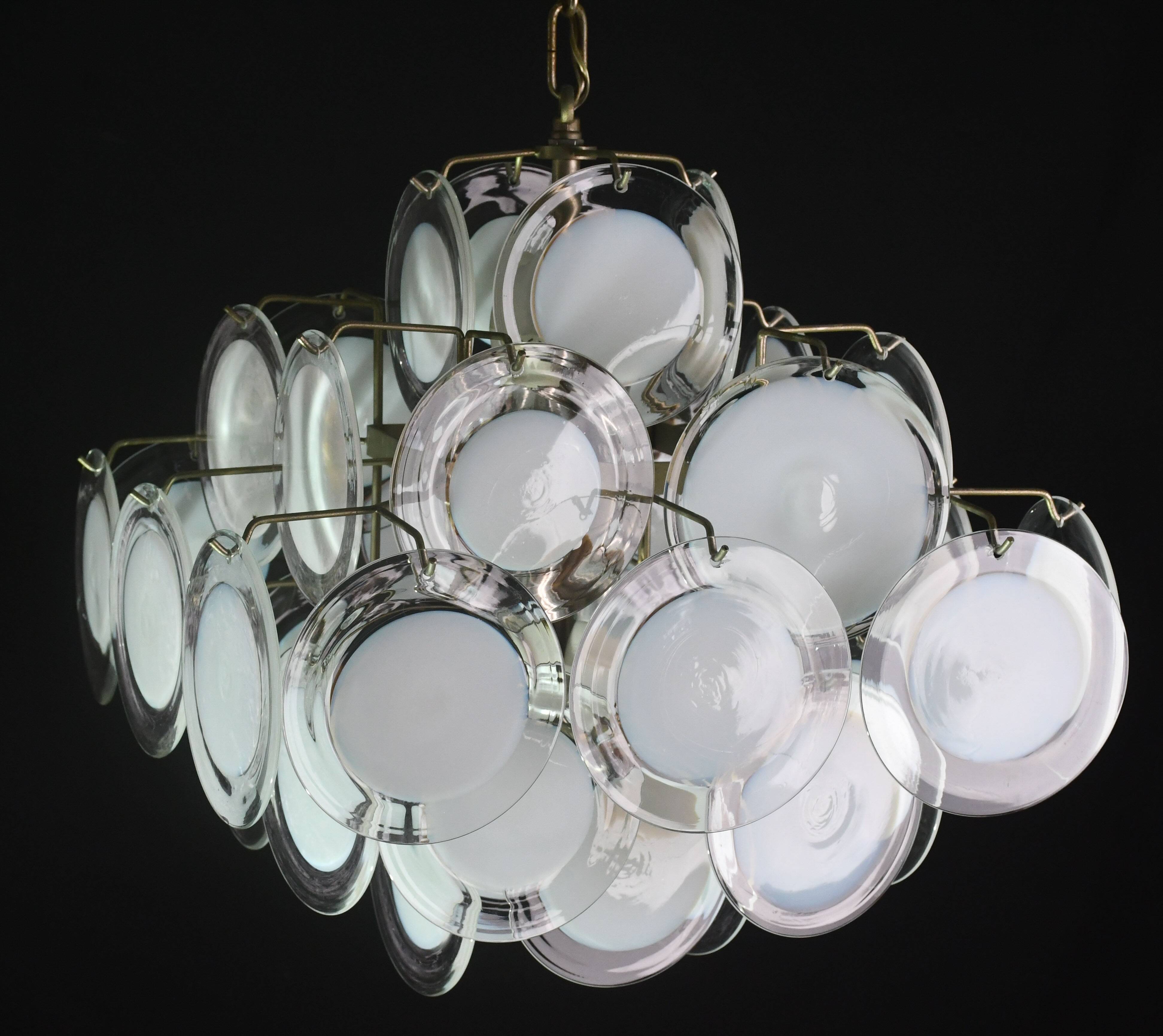 Large 36 Murano Glass White Disc Chandelier by Vistosi, 1970s