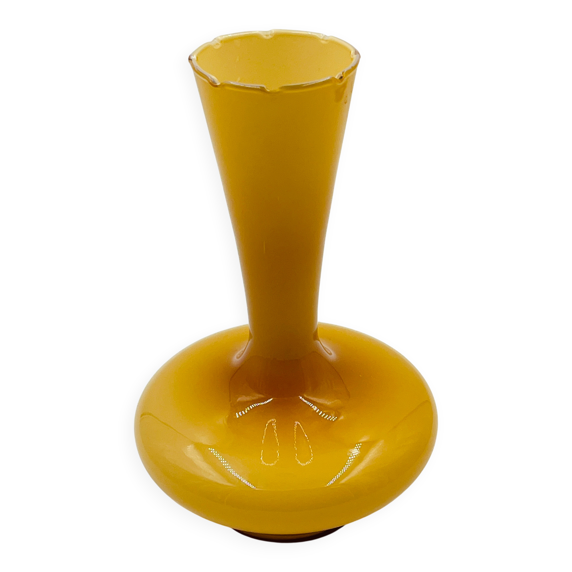 Vintage ochre opaline vase with a fluted neck