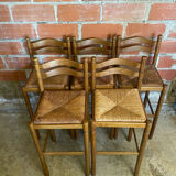 Tabouret de bar haut ancien bois tourné + assise paillée vintage