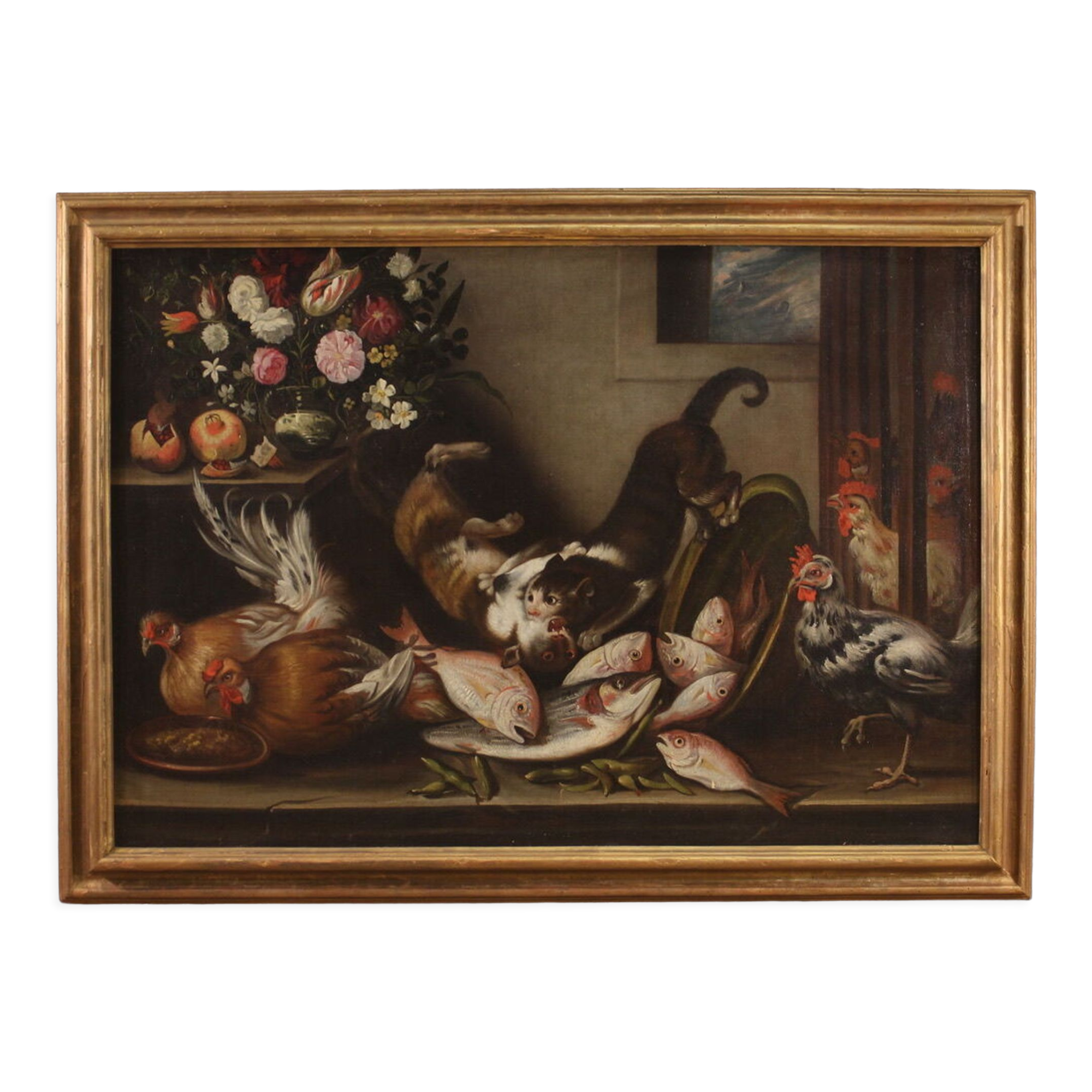 Great 18th century still life with animals, flowers and fruit