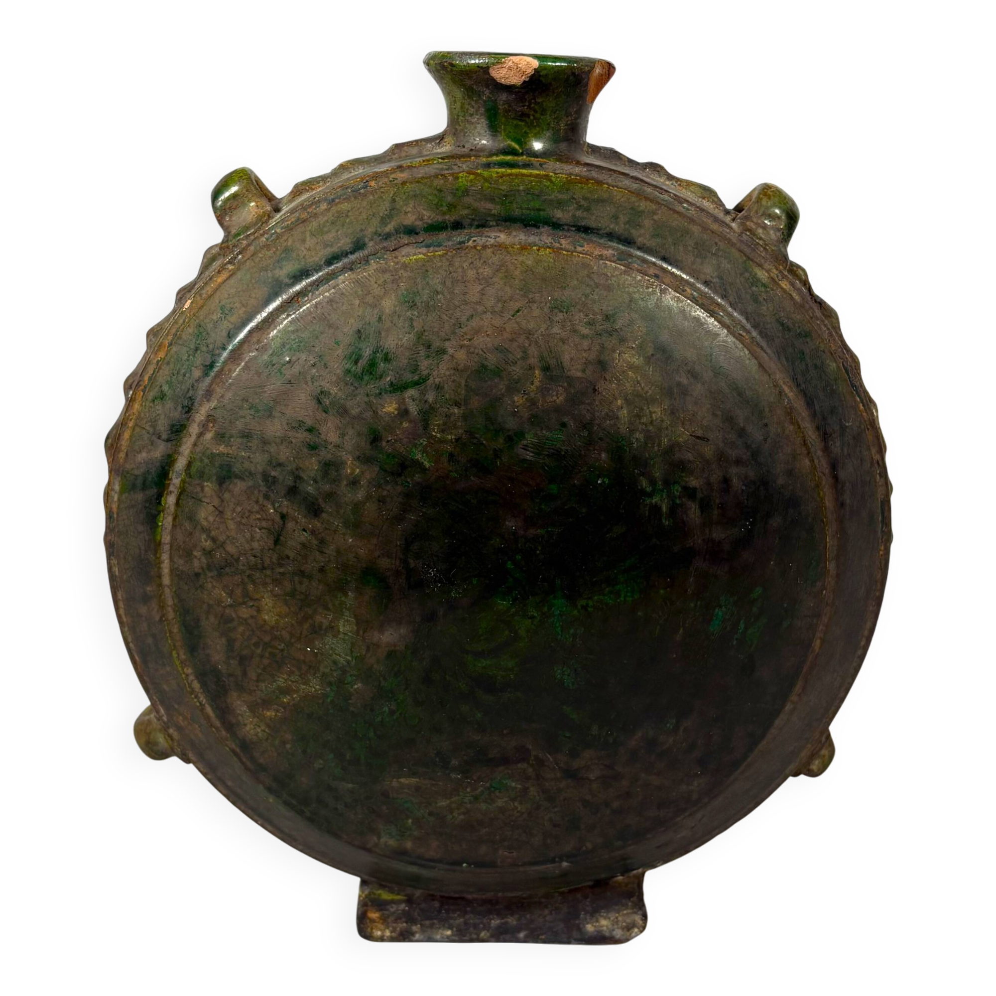 Nomadic rider's jug in green glazed earthenware, China, Tang Dynasty.