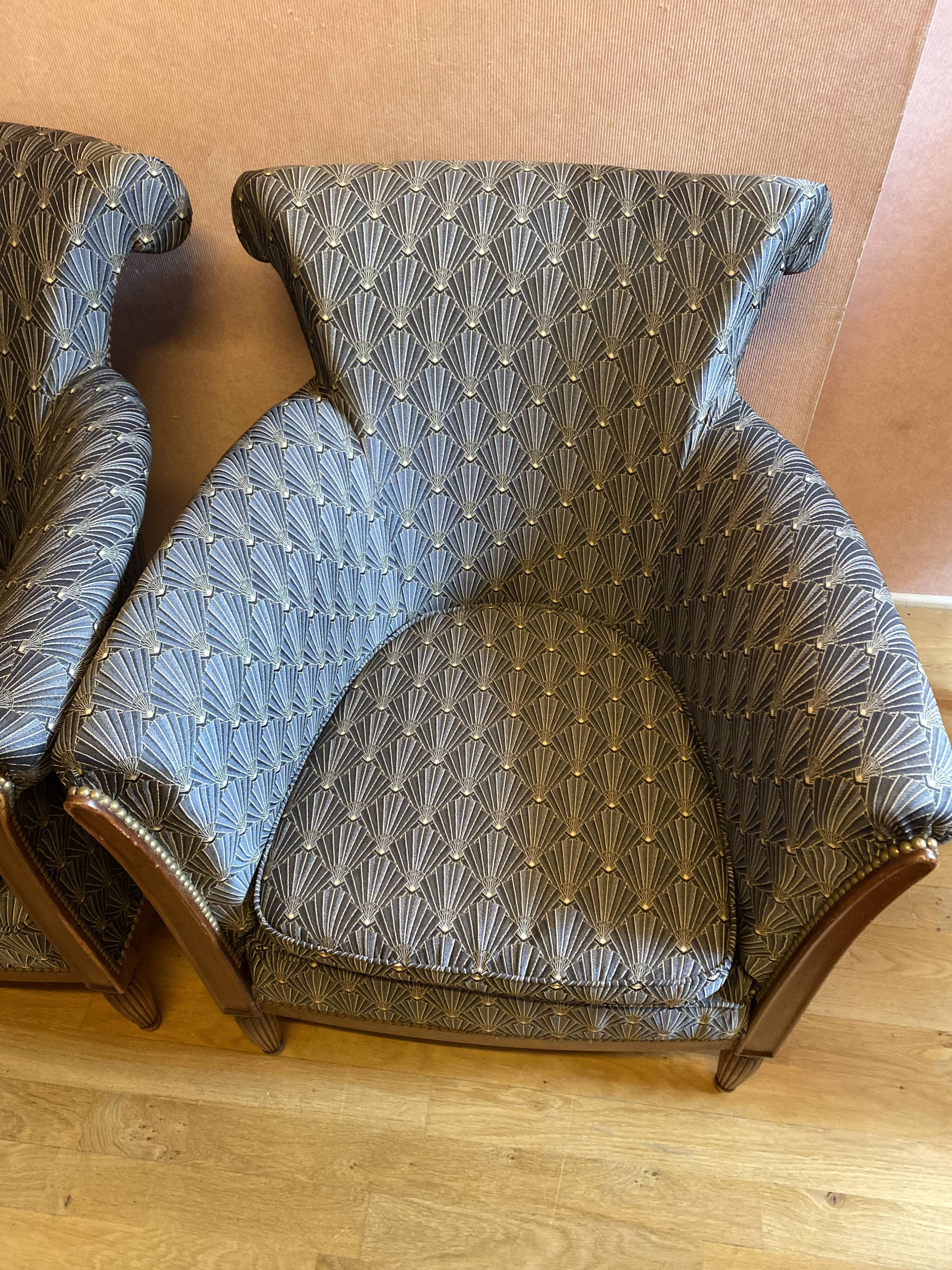 Pair of Art Deco style armchairs, refurbished. Upholstery fabric for armchairs.