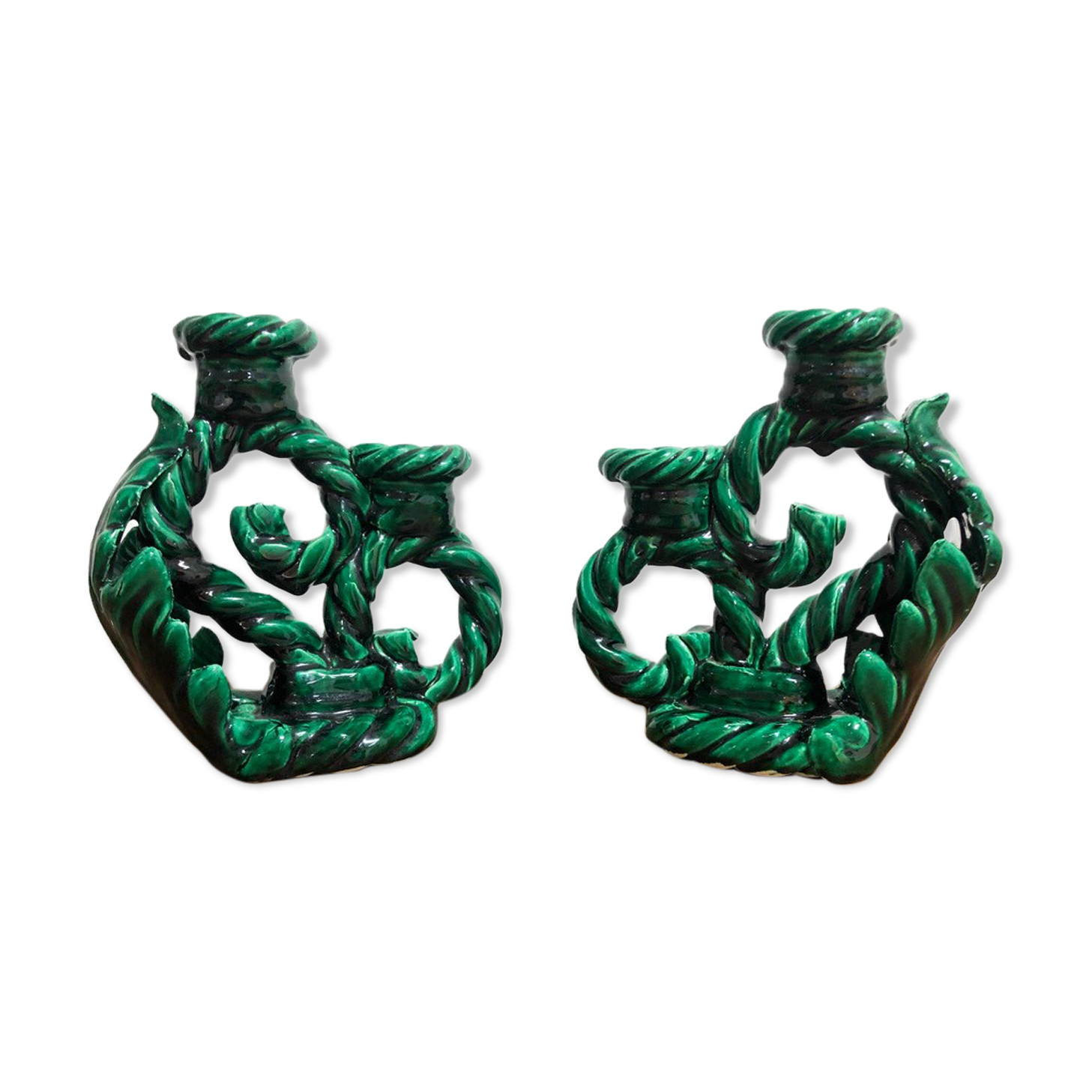 Pair of vintage candle holders in green ceramic color in vallauris style