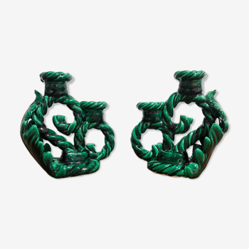 Paire de bougeoirs vintage de couleur verte en céramique dans le style Vallauris