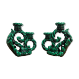 Pair of vintage candle holders in green ceramic color in vallauris style