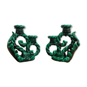 Pair of vintage candle holders in green ceramic color in vallauris style